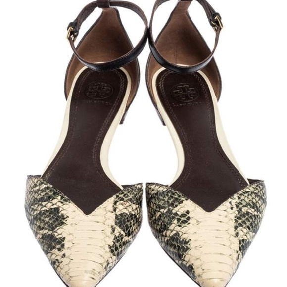 Tory Burch Beige/Black Python Embossed Pointed Toe Ankle Strap Flats-8.5